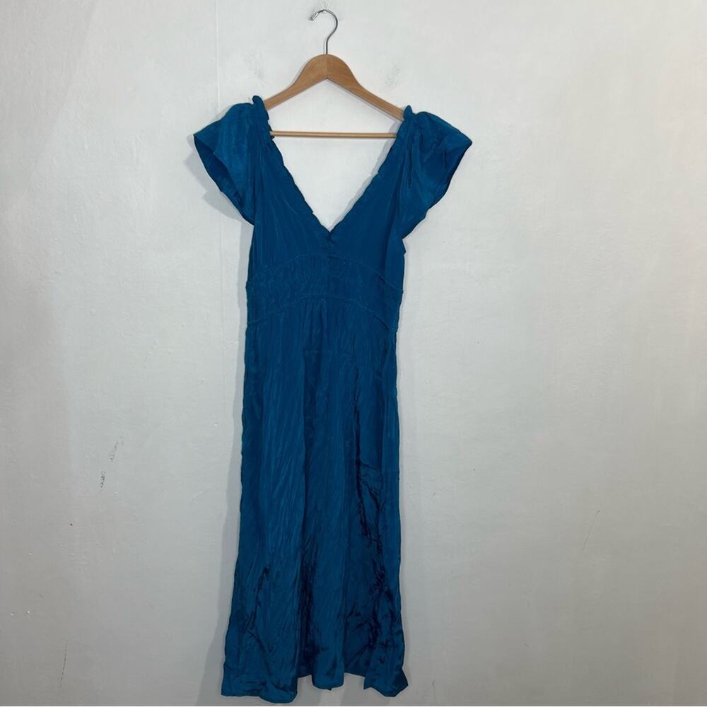 J Crew Palermo Viscose Blend Crinkle Sea Blue Travel Midi Dress Size LP NWT - Picture 6 of 16